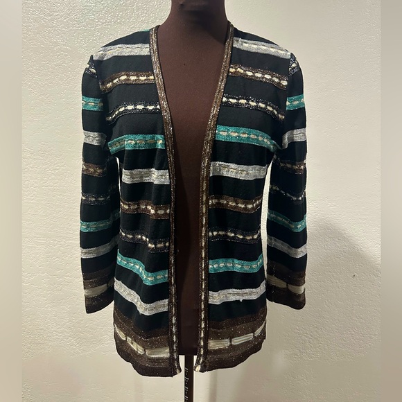 Missoni Metallic Black Striped Open-Front Cardigan Sweater 8 S M - Picture 1 of 7